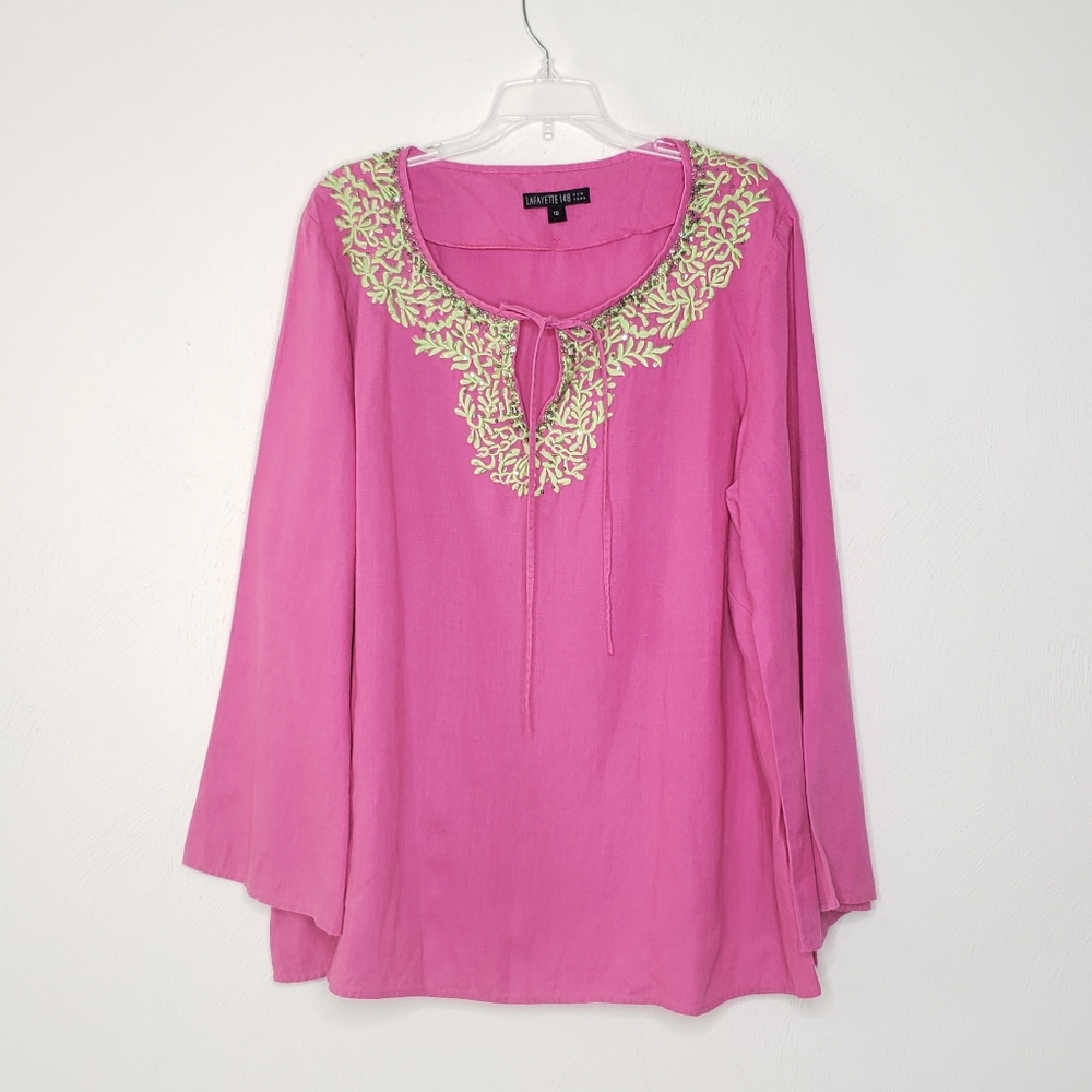 Lafayette 148 Linen Beaded and Embroidered Top Size 18